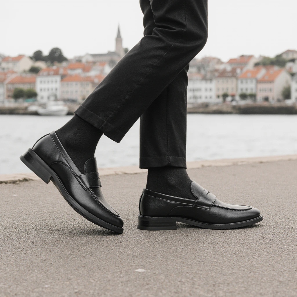 Home Office Makeover - Męskie czarne mokasyny penny, klasyczne buty